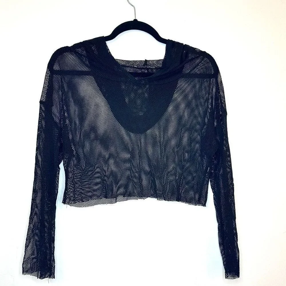 Fashion Nova Long Sleeve Hooded Pullover Mesh Sheer Black Crop Top Large